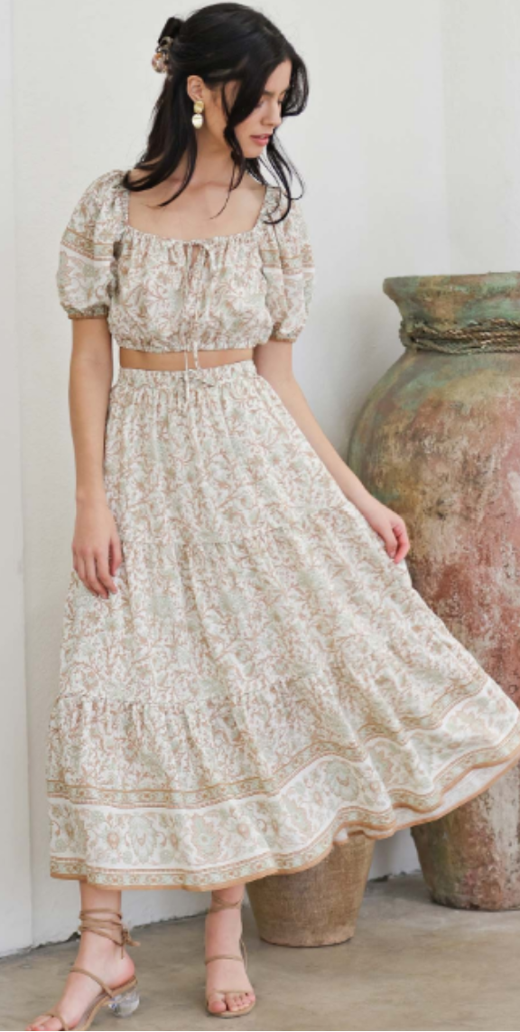 Border Print Tiered Maxi Skirt