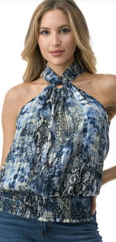 PRINTED KEYHOLE HALTER TOP -Blue